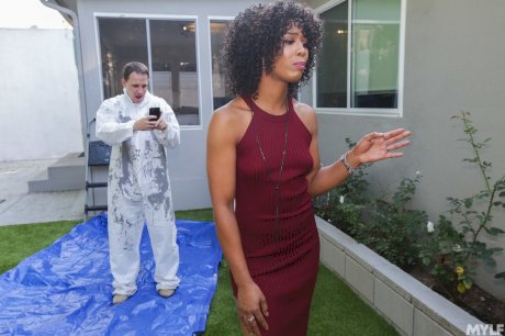 Curly-haired ebony Misty Stone seduces and fucks a white plasterer's dick