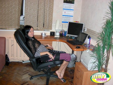 Young brunette and her man friend undress before before office sex
