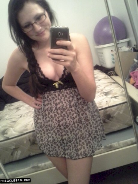 Geeky brunette Freckles 18 touches her hot tits in her solo homemade session