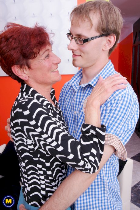 Redheaded granny with tiny nips Jaclyn seduces a young guy and gets fucked
