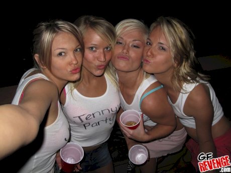 Lesbian teen babes stripping outdoor at the party to show pussy
