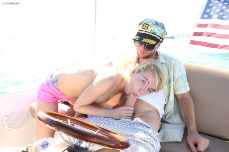 Petite teen Alina West deepthroats the captain before on-board doggystyle