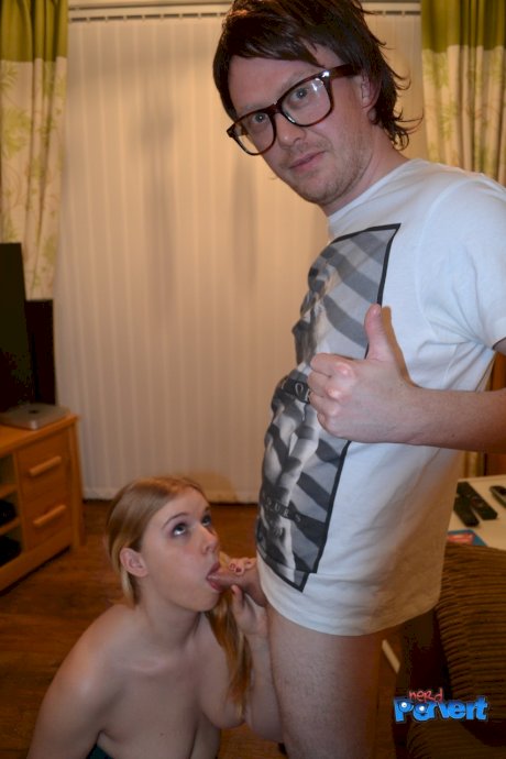 Redheaded amateur with saggy tits giving a lucky nerd mind-blowing head