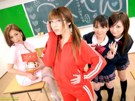 Naughty Asian schoolgirls enjoying wild groupsex with hung teachers in class