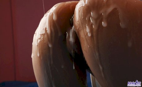 Japanese girl with nice tits and a trimmed bush is covered in sperm