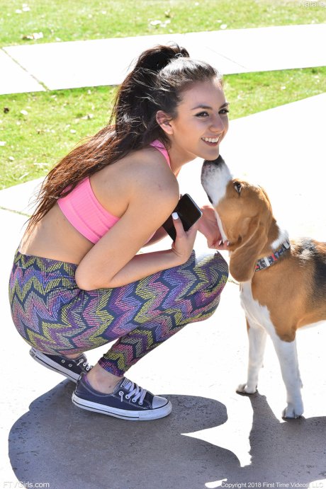 Sporty babe Natalie flashing perfect tiny tits & her hot ass in her yoga pants