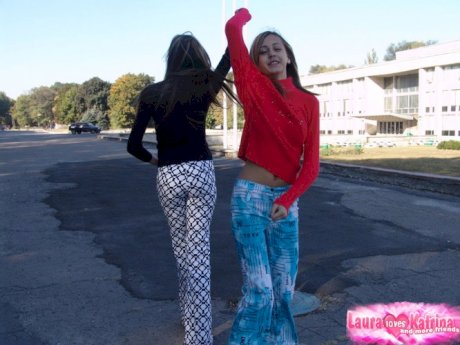 Young hot blonde lesbian teens having fun flashing their small tit in the sun