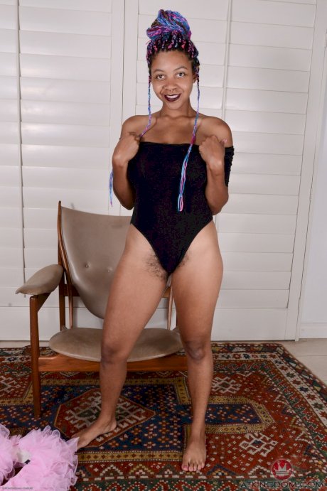 Sexy ballerina Oya strips to show big tits & spread her hairy pussy on a chair