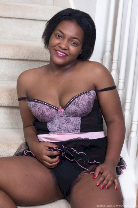 Sexy ebony fatty Bobbie Rains sheds elegant lingerie to show hot hairy snatch