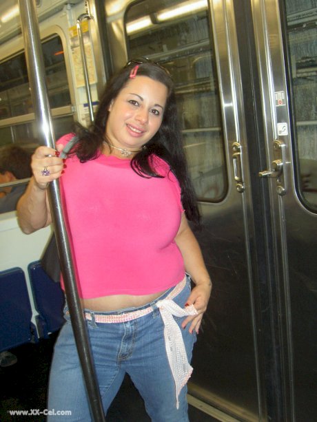 Chubby brunette amateur Devyn Devine flaunts her huge boobs in public