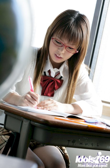Nasty asian schoolgirl Yume Kimino taking off her skirt and panties
