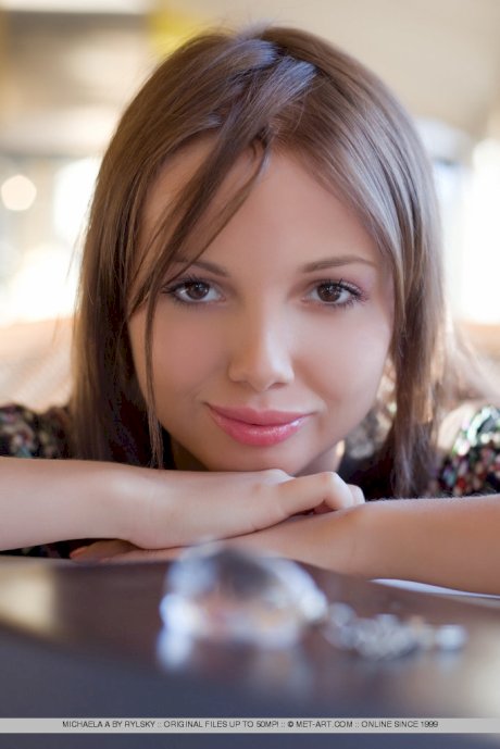 Pretty face teen Michaela A with bare feet showing perfect bald pussy