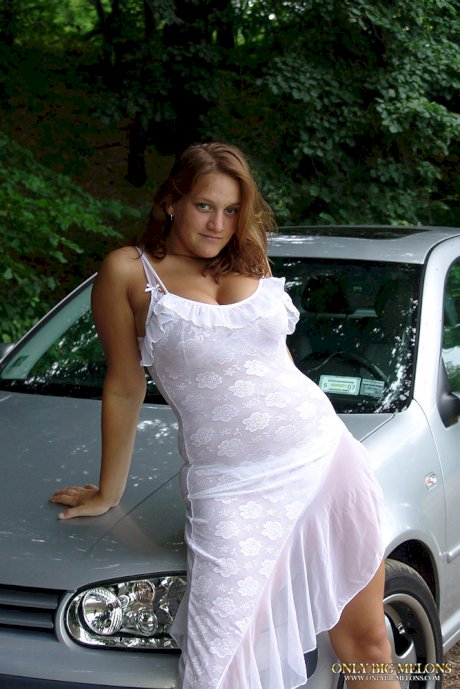 Young solo girl Jana Kucova releases her huge boobs near a forest