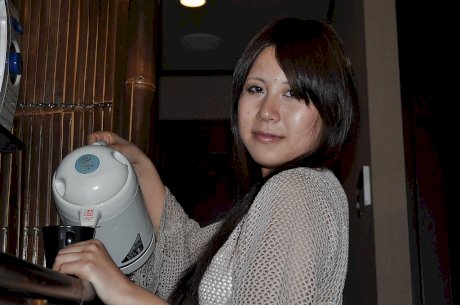 Sassy asian MILF Yoko Okada undressing and toying her hairy cunt
