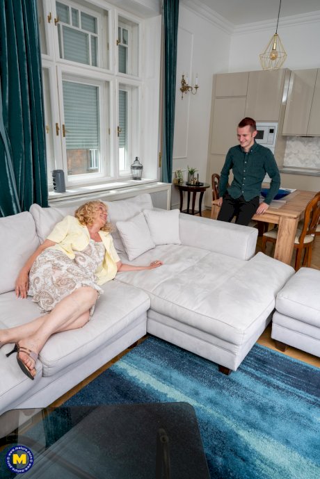 Horny wrinkled granny Maira B. strips naked to entice a new toy boy