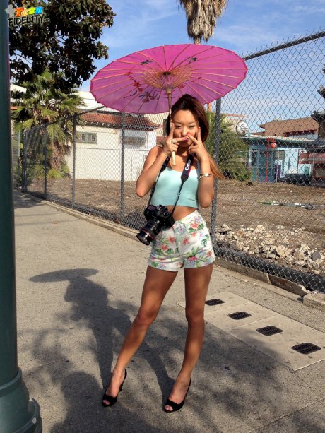 Skinny Asian hottie Alina Li modelling clothed & naked outdoors & in public