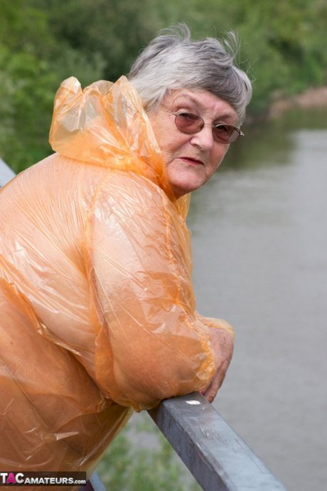 Obese British amateur Grandma Libby casts off a see-through raincoat