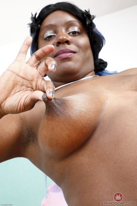 Ebony fatty Atomic Ana Algos plays with her nipples & toys her hairy pussy